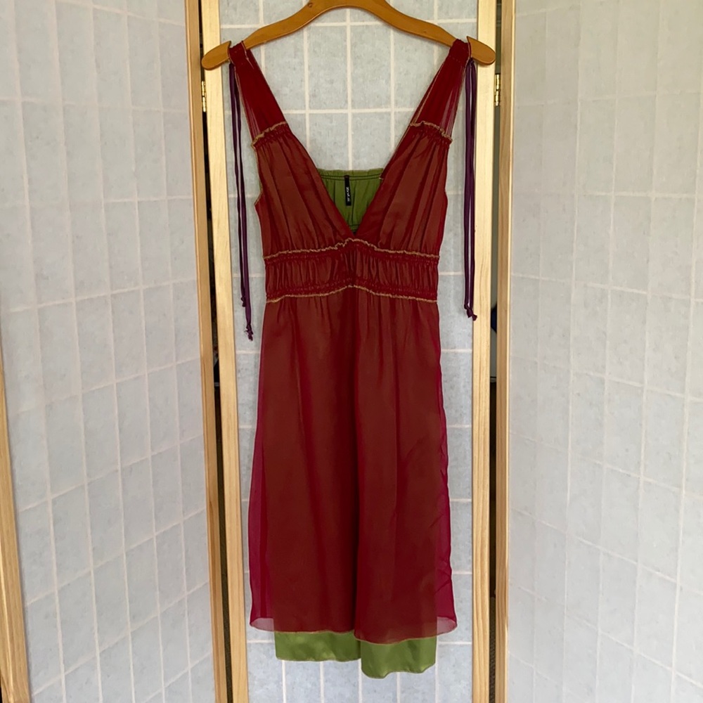 Red Chiffon over Green Satin Dress
